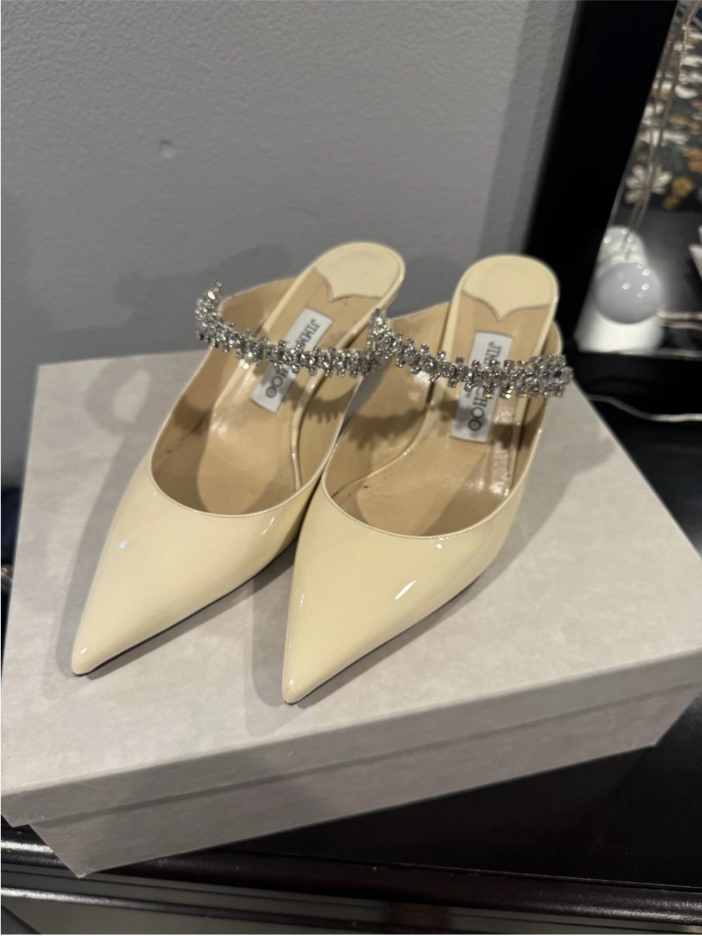 Jimmy Choo Cream Patent Pointed-Toe Mules with Crystal Strap Detail